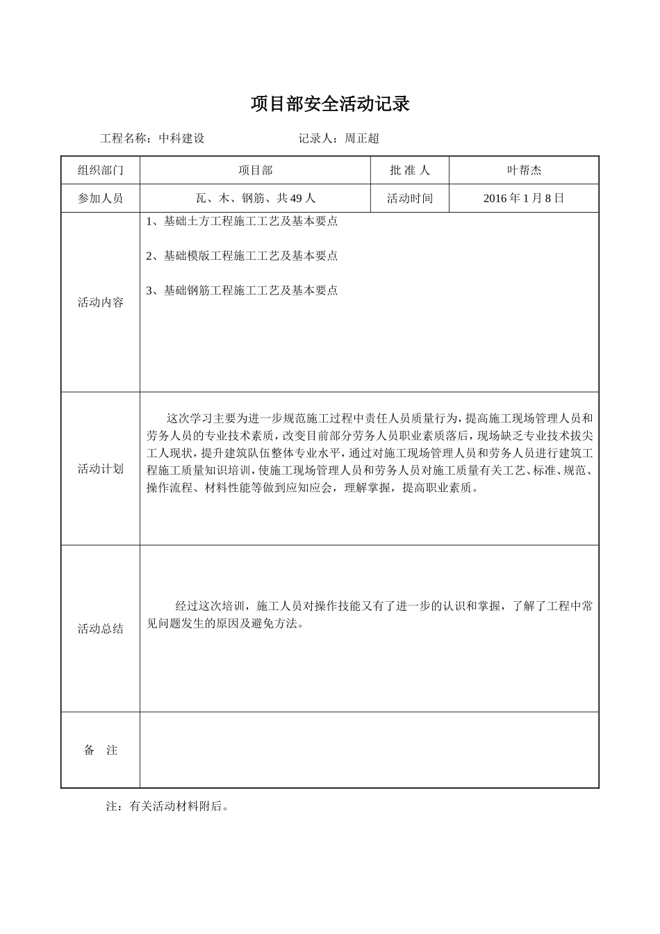 项目部安全活动记录(带内容)_第1页