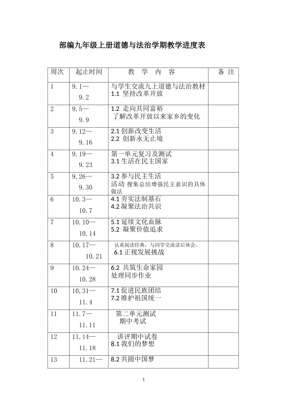 最新部编九年级上册道德与法治学期教学进度表_第1页