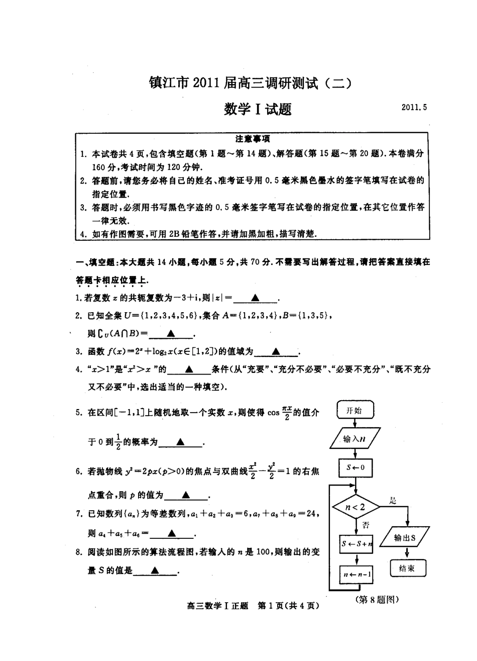 2011年苏州市高三数学第二次调研测试试卷(包括附加题和答案)_第1页
