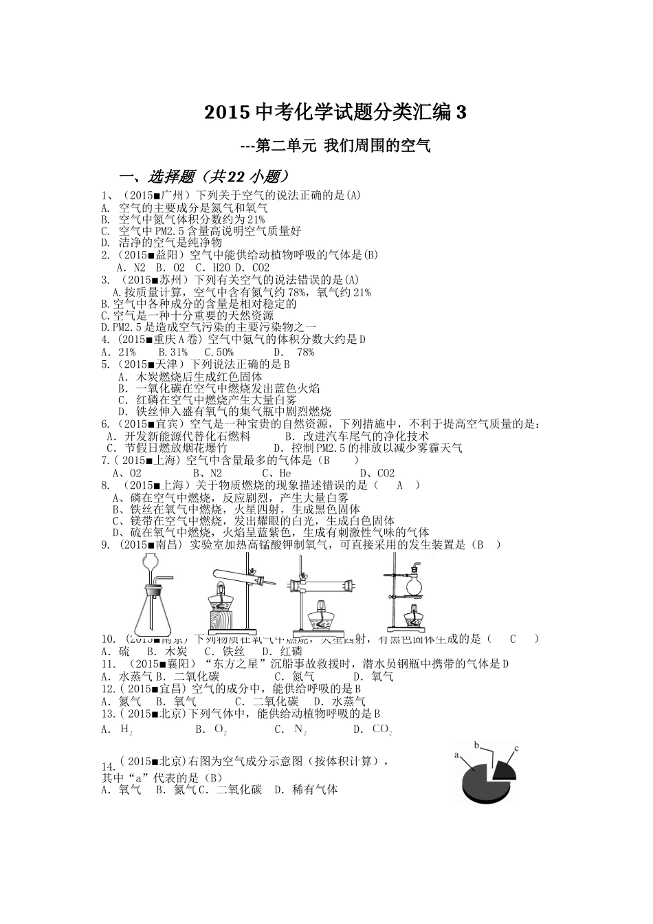 2015中考化学试题分类汇编3-第二单元我们周围的空气_第1页
