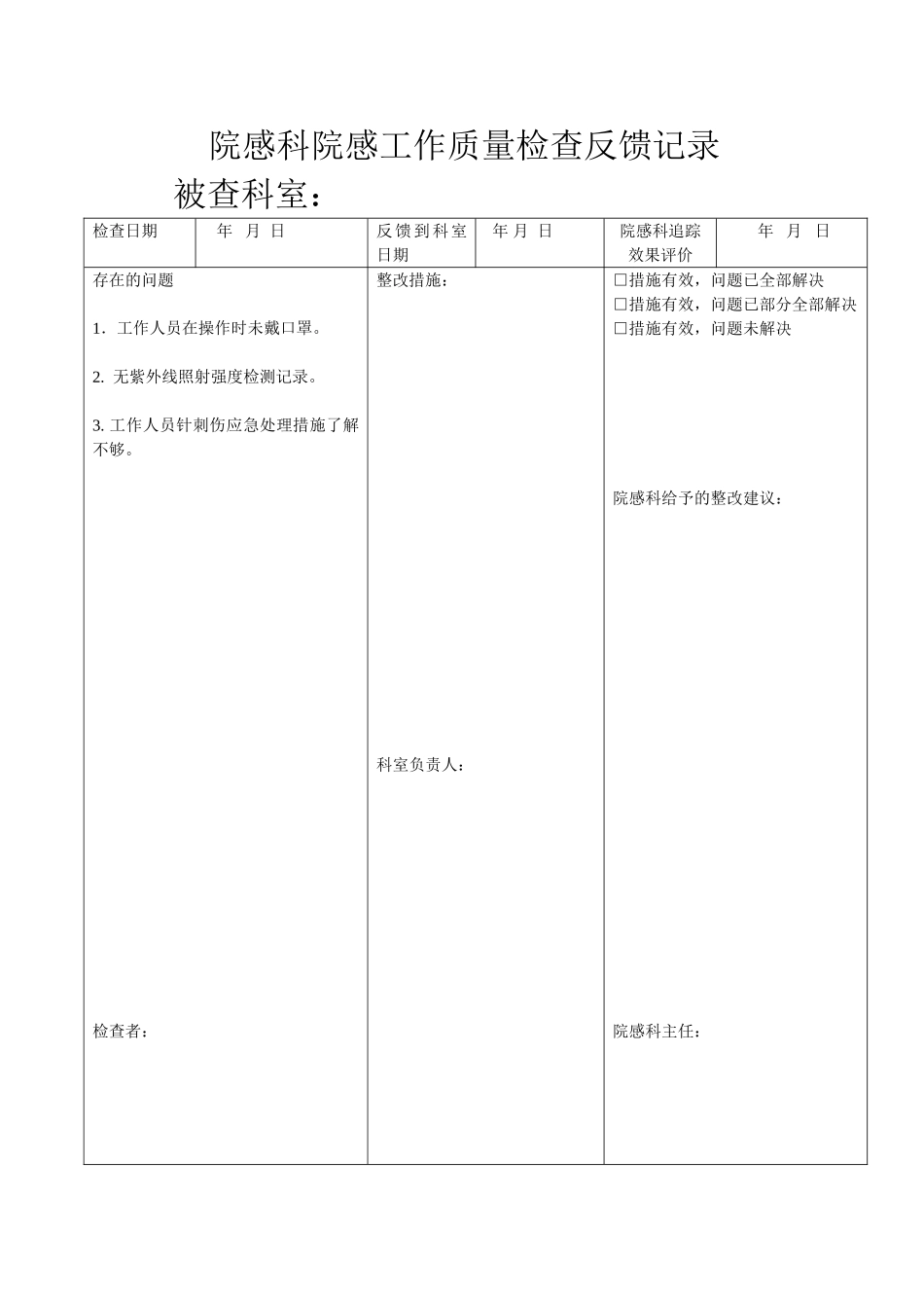 院感科院感工作质量检查反馈记录_第1页