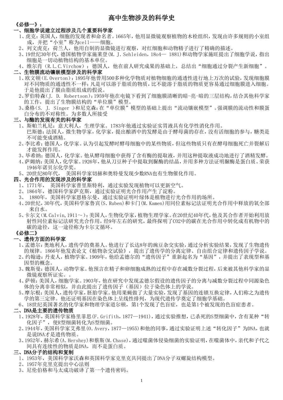 一轮高中生物涉及的科学史_第1页