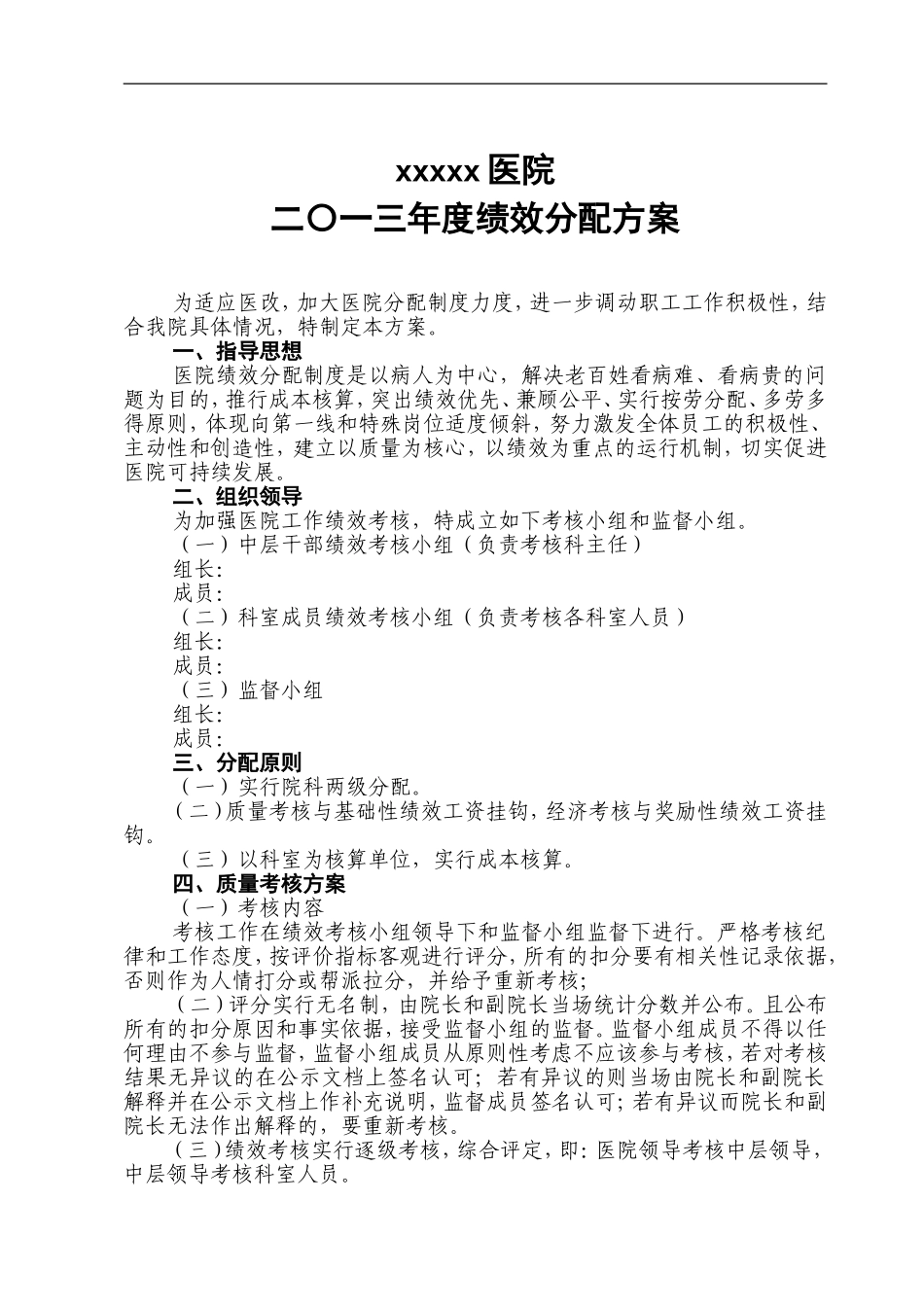 医院绩效分配方案包括实施细则考核表_第1页