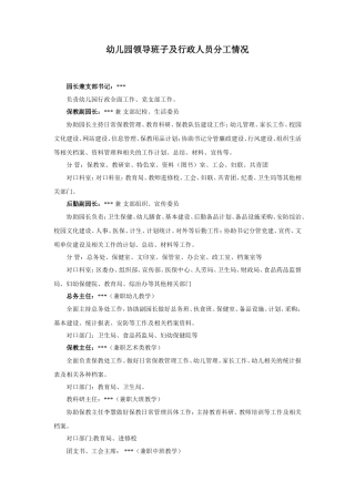 幼儿园领导班子及行政人员分工情况