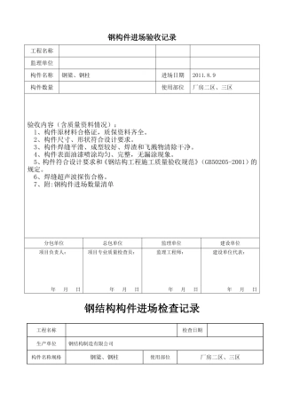 钢结构进场验收记录