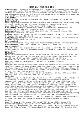 闽教版小学英语总复习_单词分类及重点句型字母表