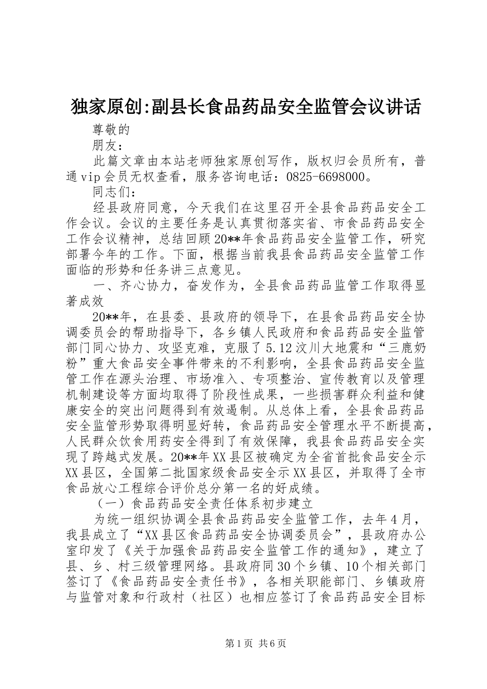 独家原创-副县长食品药品安全监管会议讲话_第1页