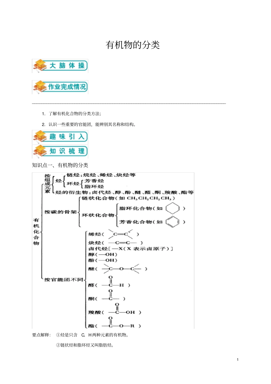 人教版高中化学选修五第1讲：有机物的分类学生版_第1页