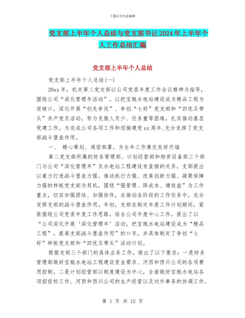 党支部上半年个人总结与党支部书记2024年上半年个人工作总结汇编_第1页
