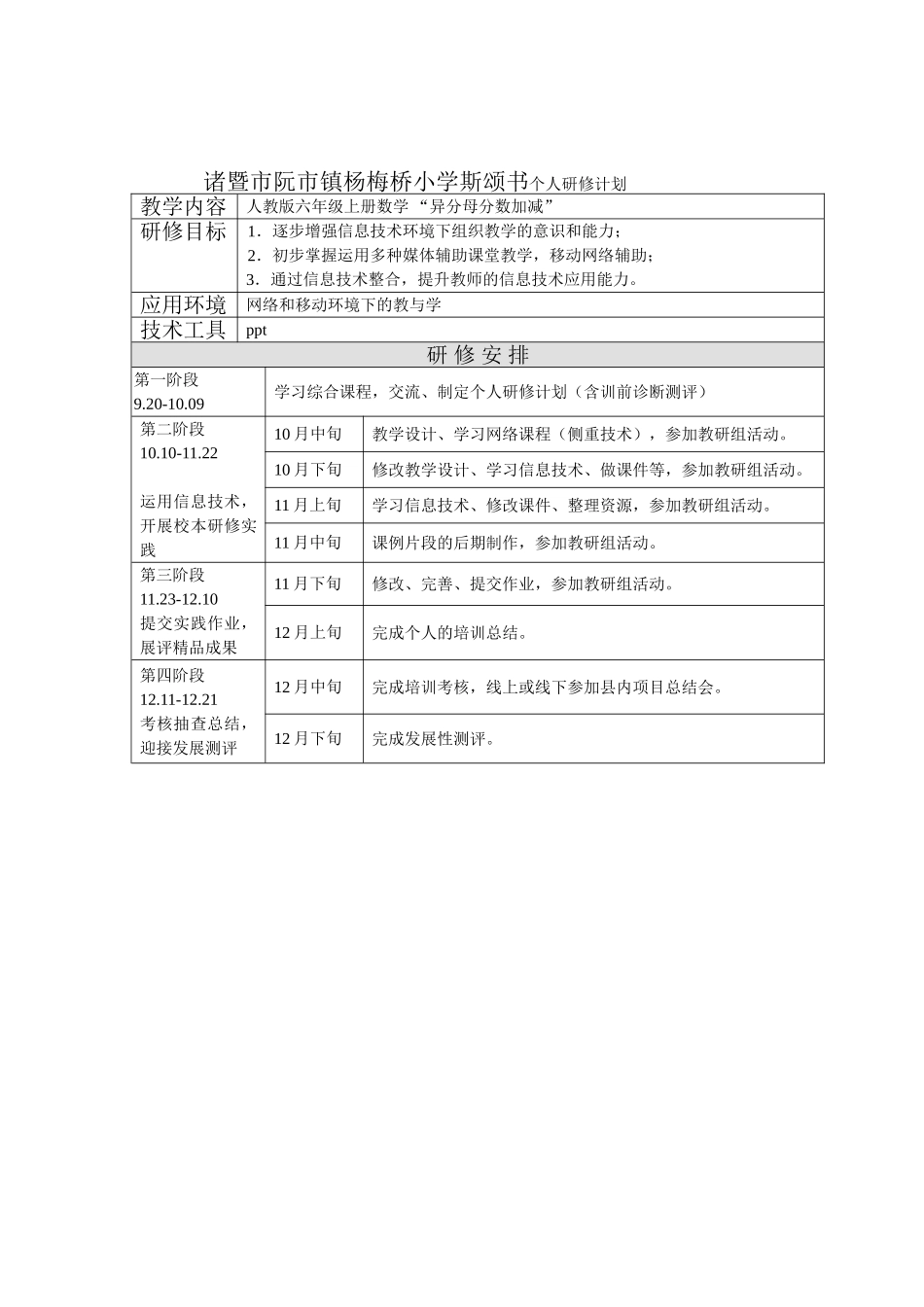 诸暨杨梅桥小学斯颂书个人研修计划_第1页