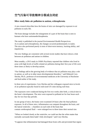 空气污染可导致精神分裂或自闭症