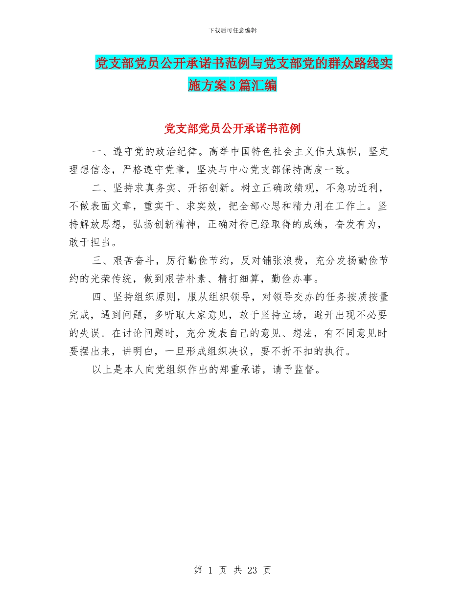 党支部党员公开承诺书范例与党支部党的群众路线实施方案3篇汇编_第1页