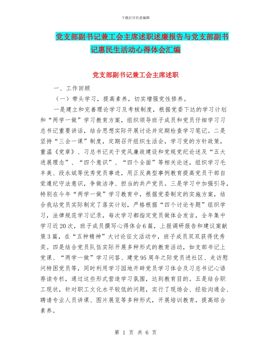 党支部副书记兼工会主席述职述廉报告与党支部副书记惠民生活动心得体会汇编_第1页