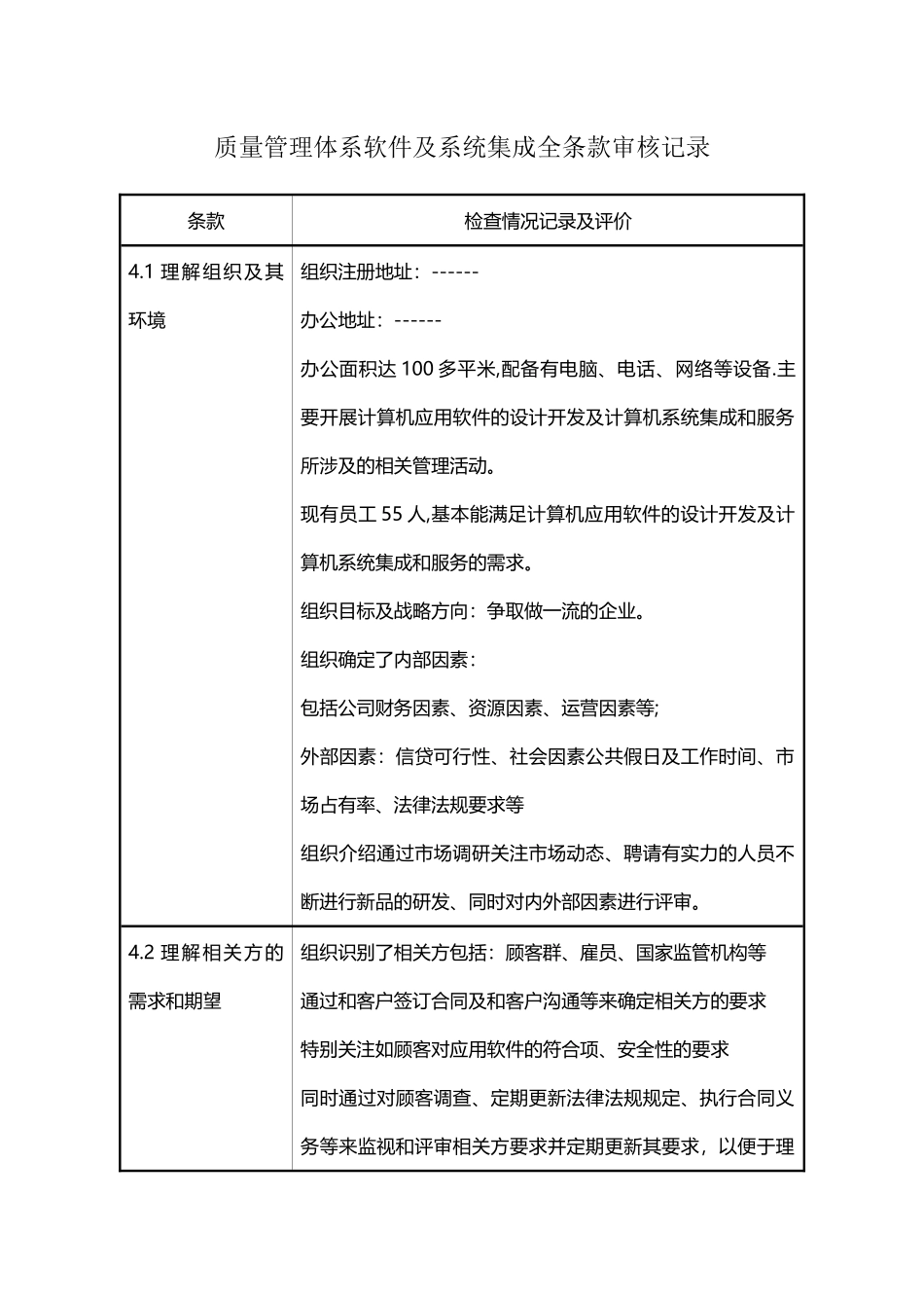 质量管理体系软件及系统集成全条款审核记录_第1页