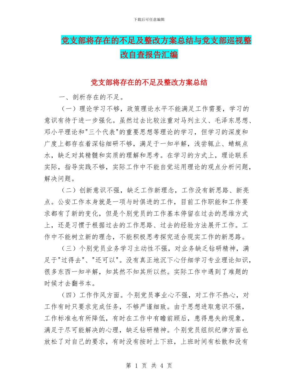 党支部将存在的不足及整改方案总结与党支部巡视整改自查报告汇编_第1页