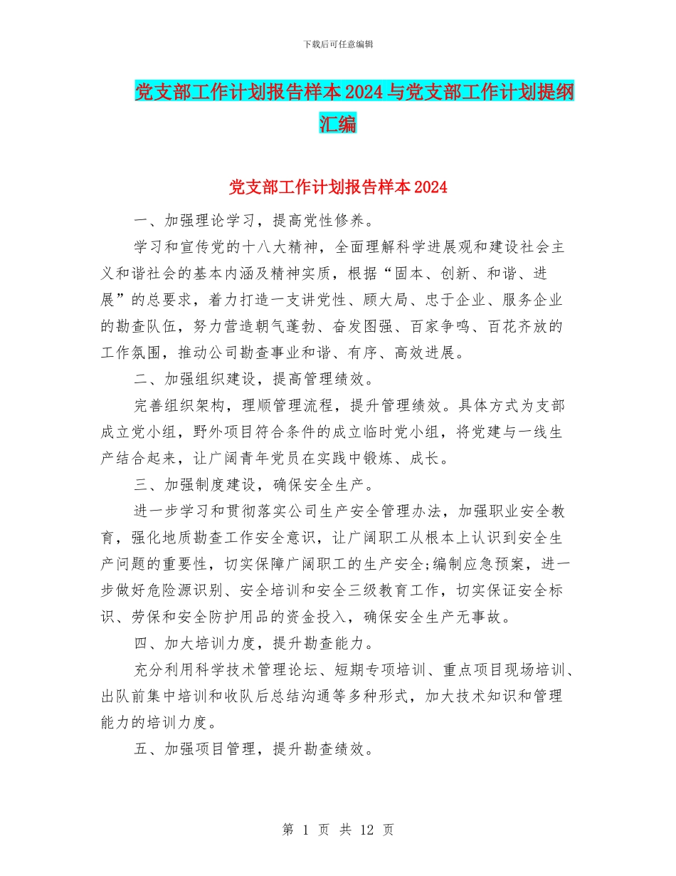 党支部工作计划报告样本2024与党支部工作计划提纲汇编_第1页