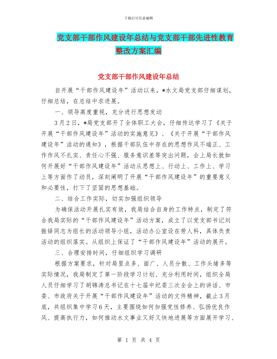 党支部干部作风建设年总结与党支部干部先进性教育整改方案汇编_第1页