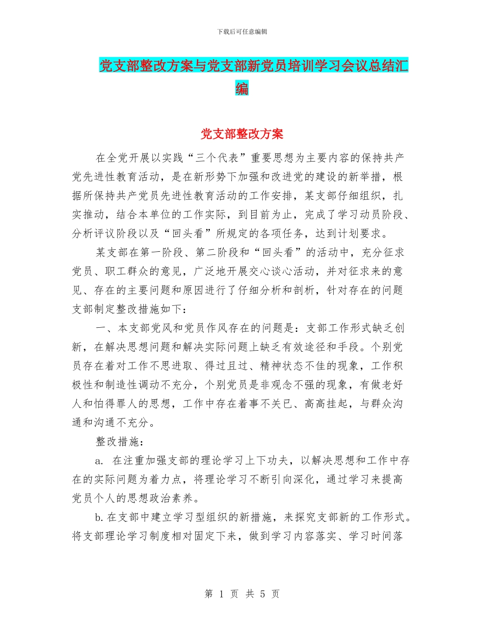 党支部整改方案与党支部新党员培训学习会议总结汇编_第1页