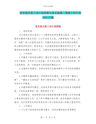 党支部月度工作计划表格与党支部第二季度工作计划2024汇编