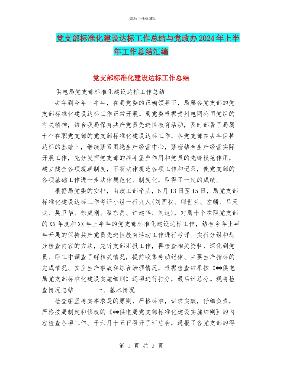 党支部标准化建设达标工作总结与党政办2024年上半年工作总结汇编_第1页