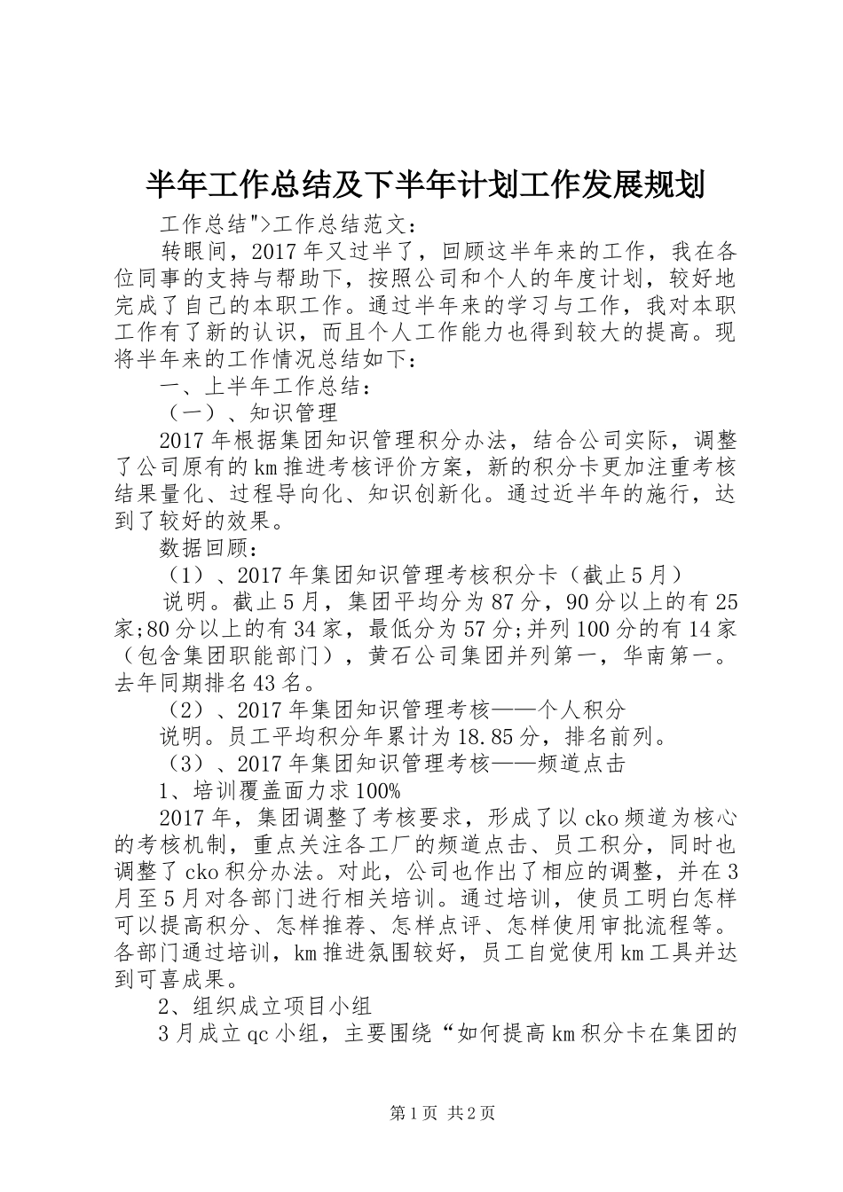 半年工作总结及下半年计划工作发展规划 _第1页