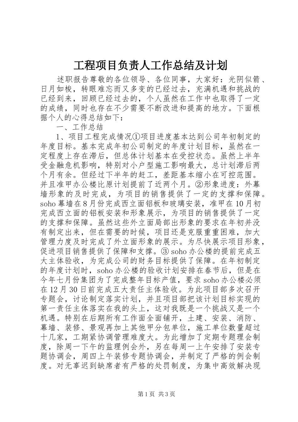 工程项目负责人工作总结及计划 _第1页