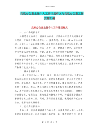 党政办公室主任个人工作计划样文与党政办公室工作安排汇编