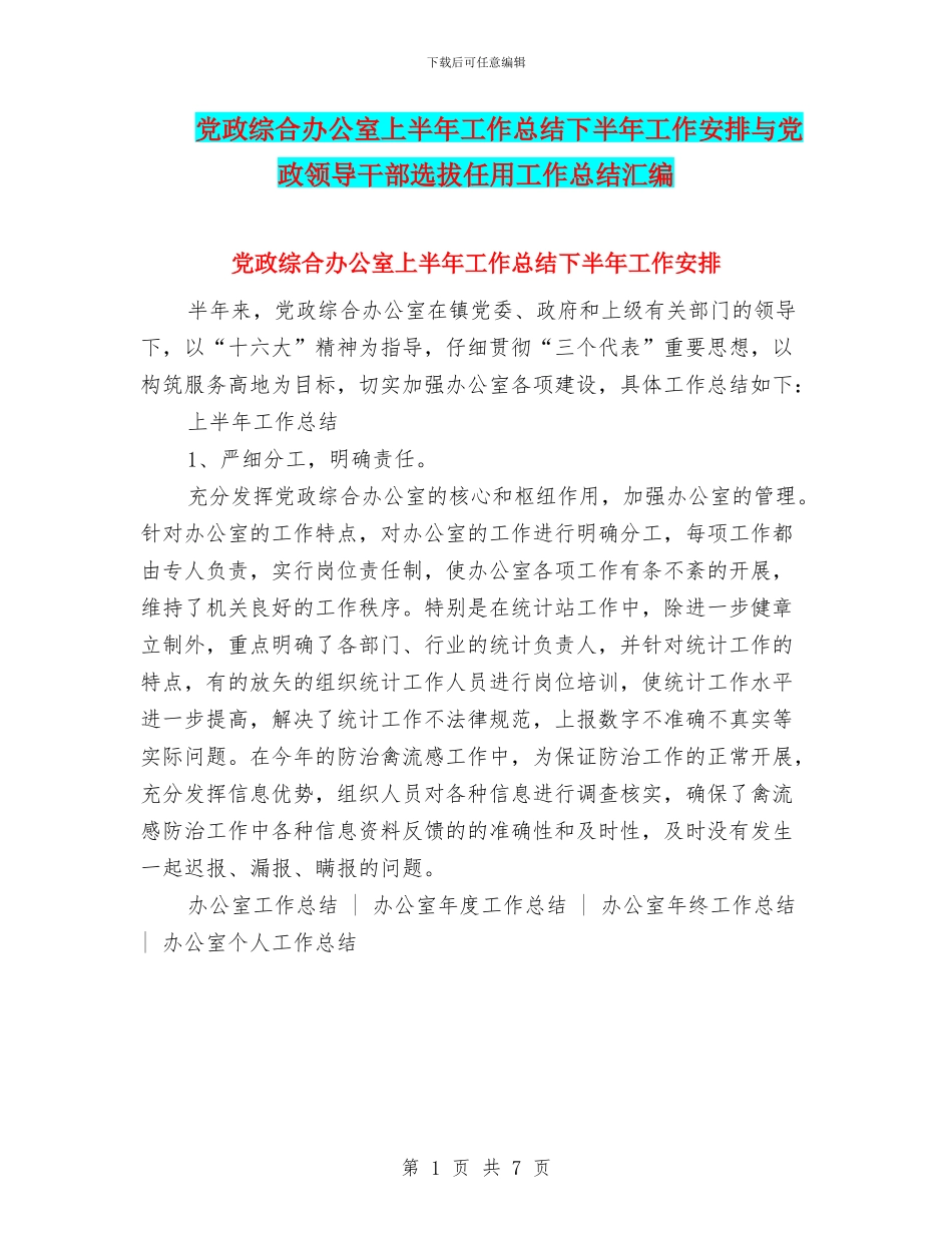 党政综合办公室上半年工作总结下半年工作安排与党政领导干部选拔任用工作总结汇编_第1页