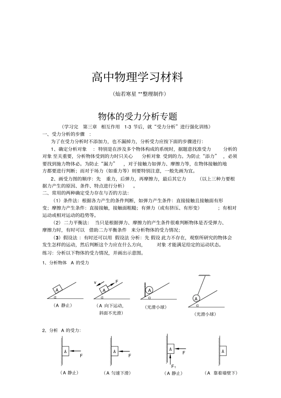 人教版高中物理必修一前三个小节受力分析专题1_第1页