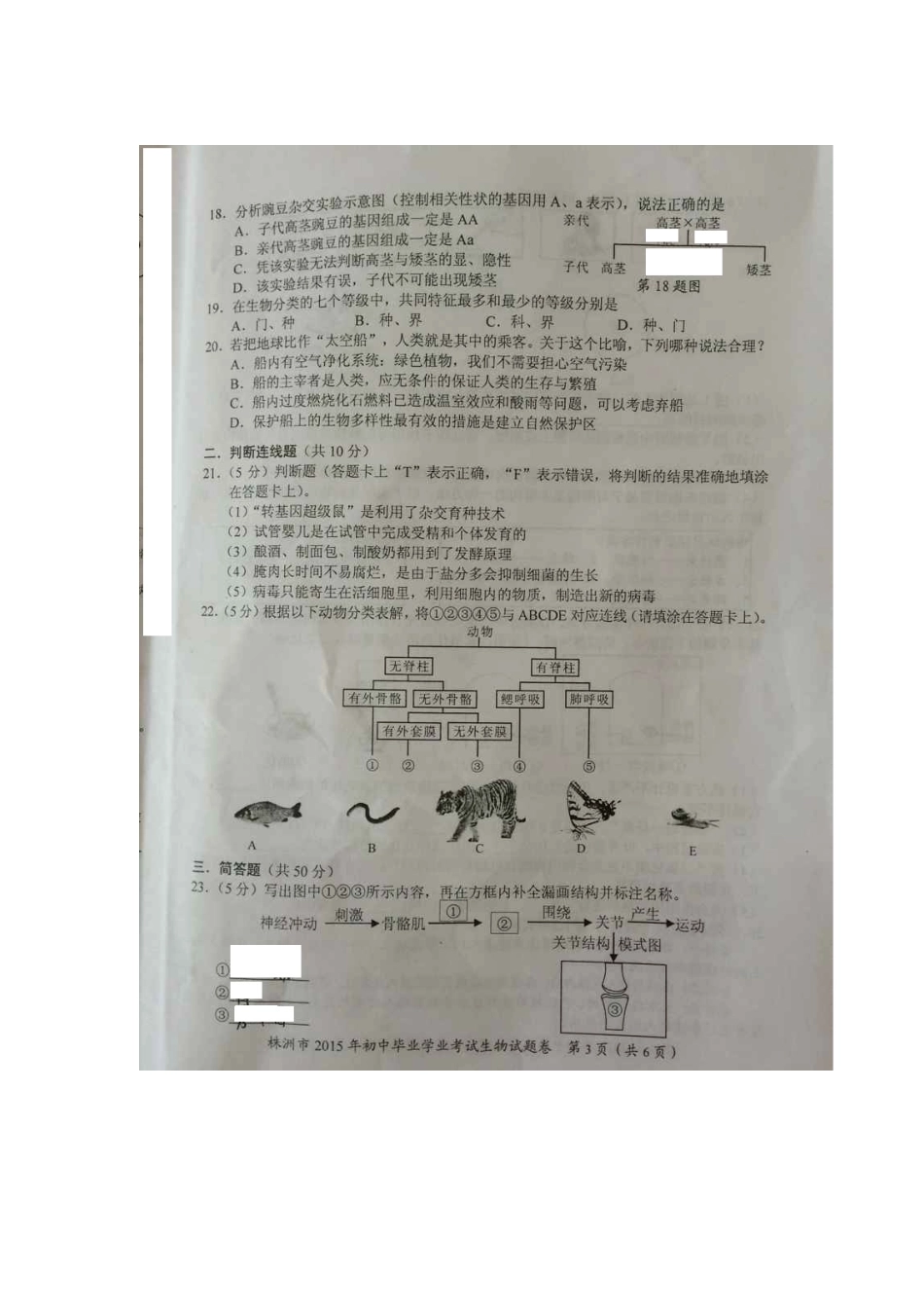株洲市2015年初中毕业学业考试生物试题卷_第3页