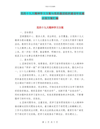 党的十九大精神学习方案与党的基层组织建设年实施企划方案汇编