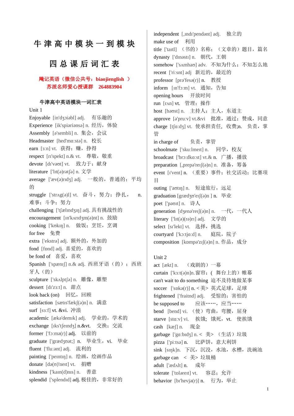 模块1-4词汇表(带音标)_第1页