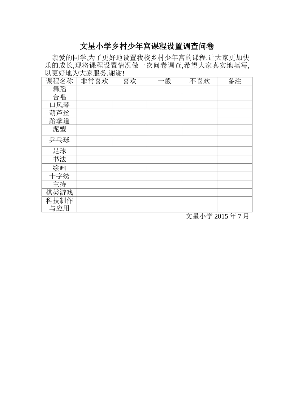 文星小学乡村少年宫课程设置调查问卷_第1页