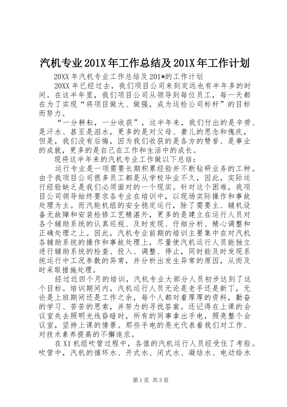 汽机专业201X年工作总结及201X年工作计划_第1页