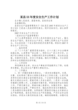 某县XX年度安全生产工作计划 