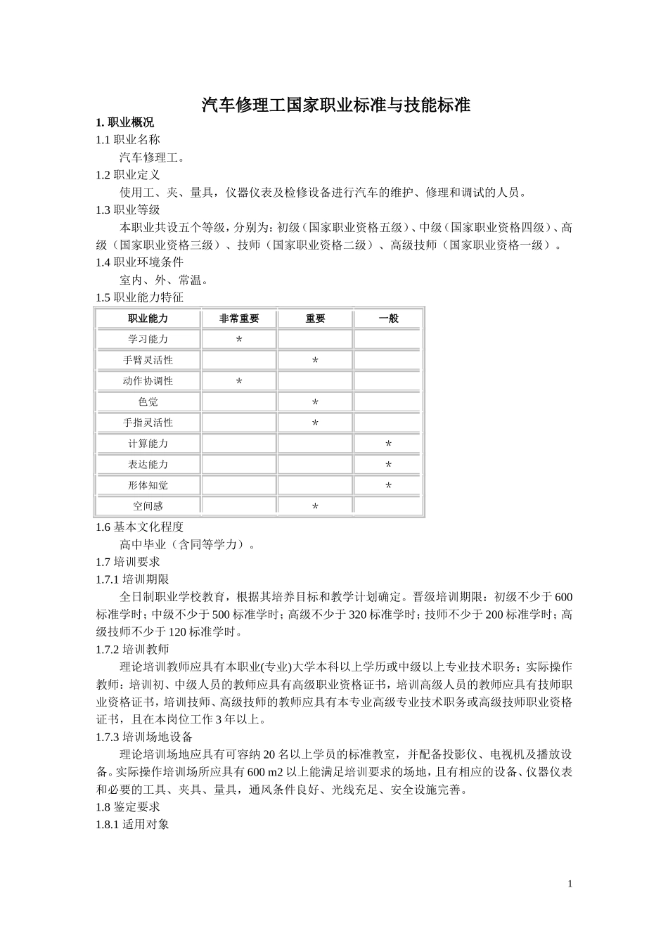 汽车修理工国家职业标准与技能标准_第1页