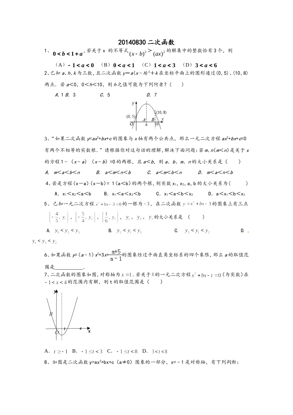 二次函数综合拔高试题_第1页
