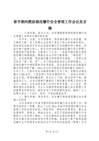 春节期间燃放烟花爆竹安全管理工作会议发言稿