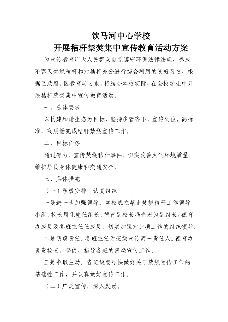 饮马河中心学校禁止焚烧秸秆活动方案_第1页