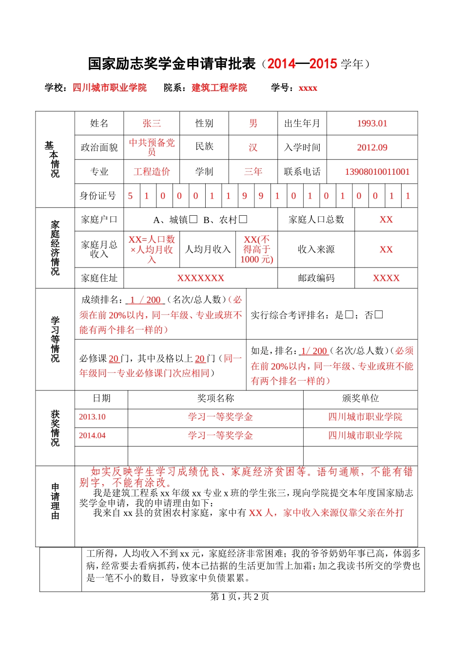 国家励志奖学金申请审批表(填报样表)_第1页