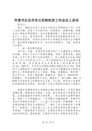 市委书记全市非公有制经济工作会议上讲话