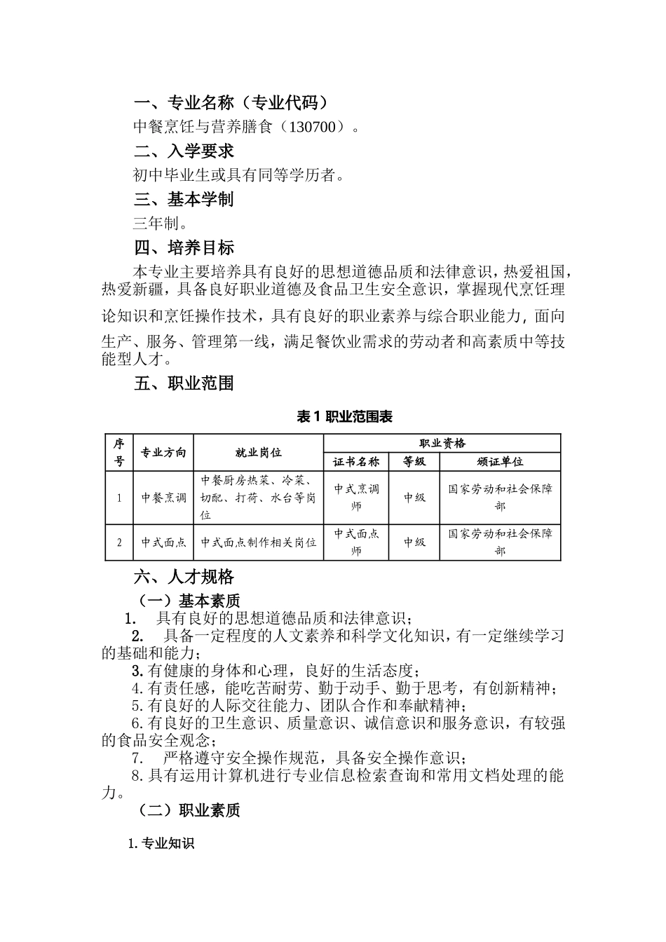 中职《中餐烹饪与营养膳食》专业人才培养方案_第1页