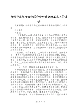 市领导在年度青年联合会全委会闭幕式上的讲话