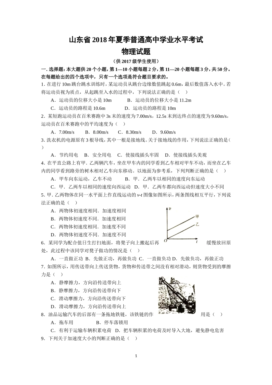 山东省2018年高中物理合格考真题_第1页