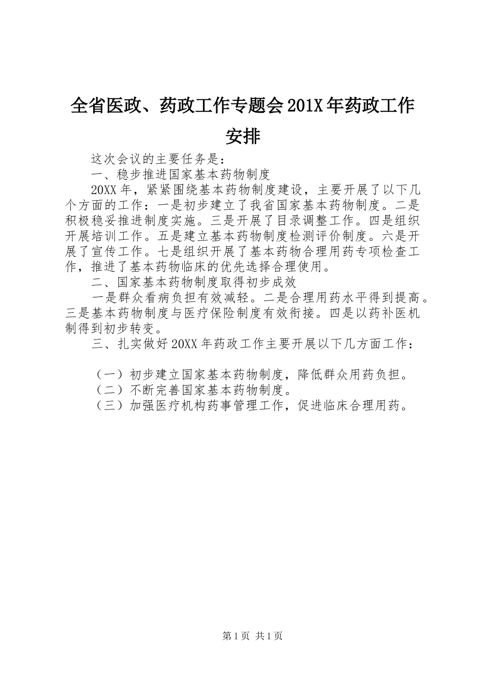 全省医政、药政工作专题会201X年药政工作安排_第1页