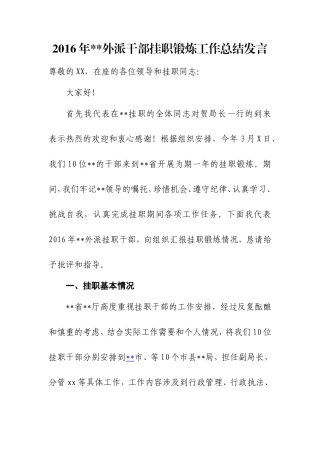 外派干部挂职锻炼工作总结发言(交流发言)