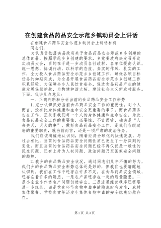 在创建食品药品安全示范乡镇动员会上讲话