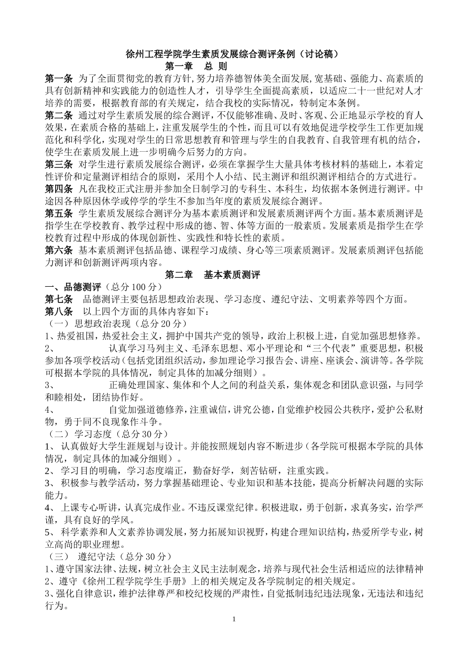 徐州工程学院学生素质发展综合测评条例(讨论稿)_第1页
