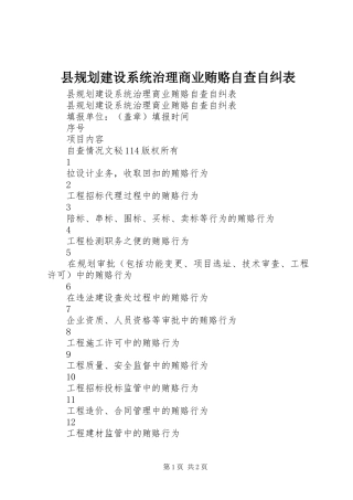 县规划建设系统治理商业贿赂自查自纠表 