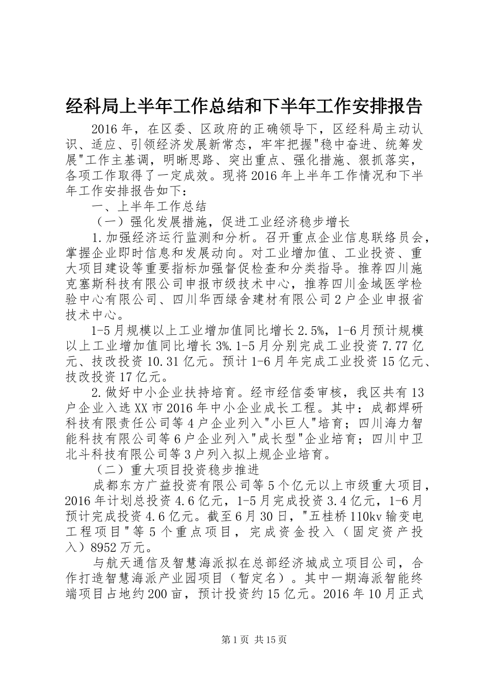 经科局上半年工作总结和下半年工作安排报告 _第1页